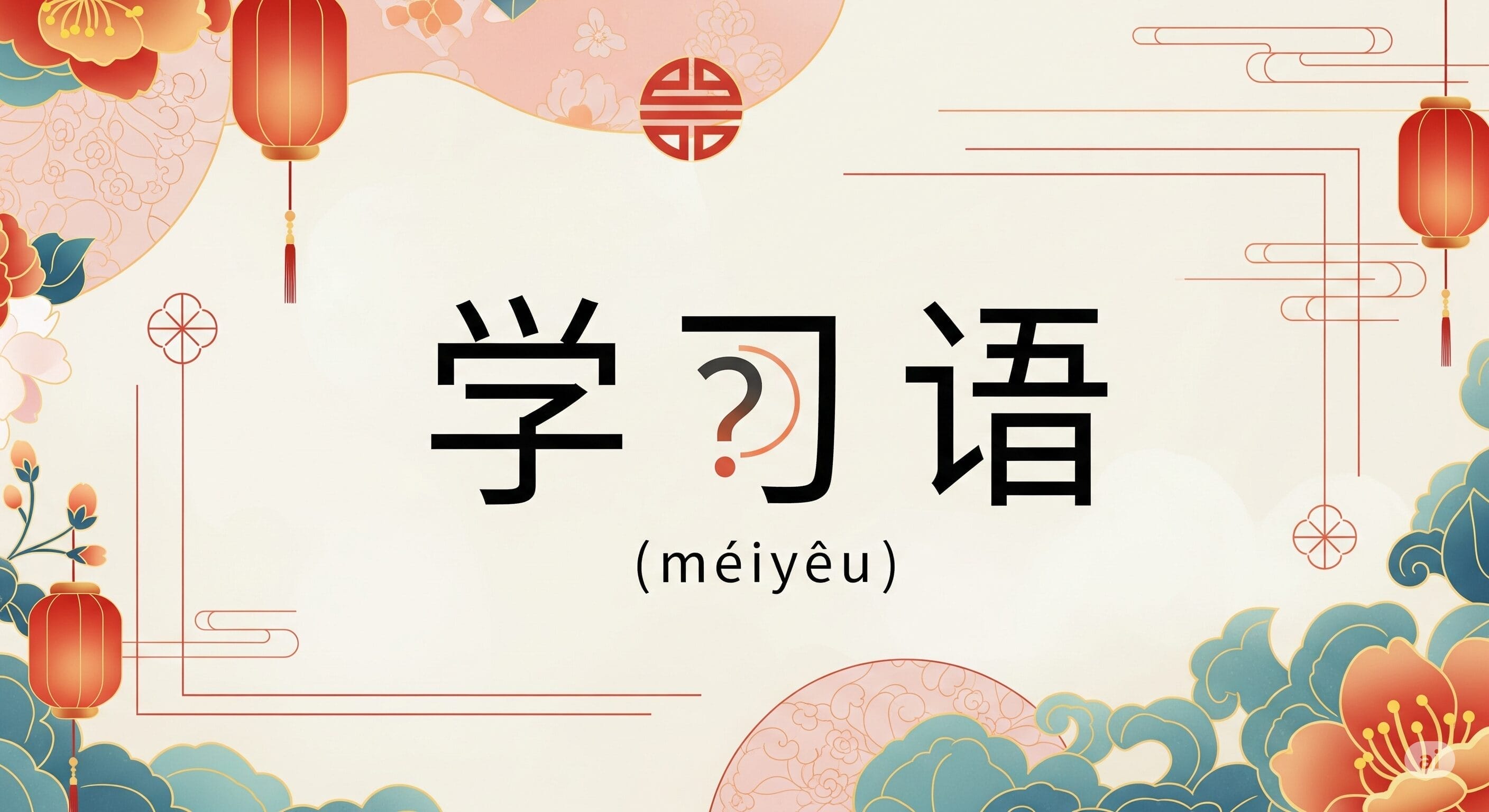 ベージュの背景に、ピンイン（méiyǔ）付きの中国語の文字「学习语」が、伝統的な中国の装飾模様、提灯、花の要素に囲まれて描かれています。.