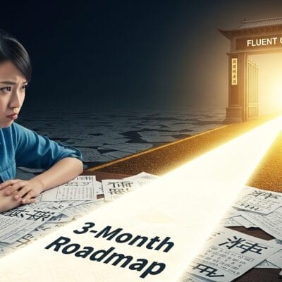 女性が書類で覆われた机で漢字を勉強しています。机の上には「3か月ロードマップ」と書かれた光る道があり、その先には「流暢な中国語」と書かれた門があります。.