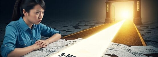 女性が書類で覆われた机で漢字を勉強しています。机の上には「3か月ロードマップ」と書かれた光る道があり、その先には「流暢な中国語」と書かれた門があります。.