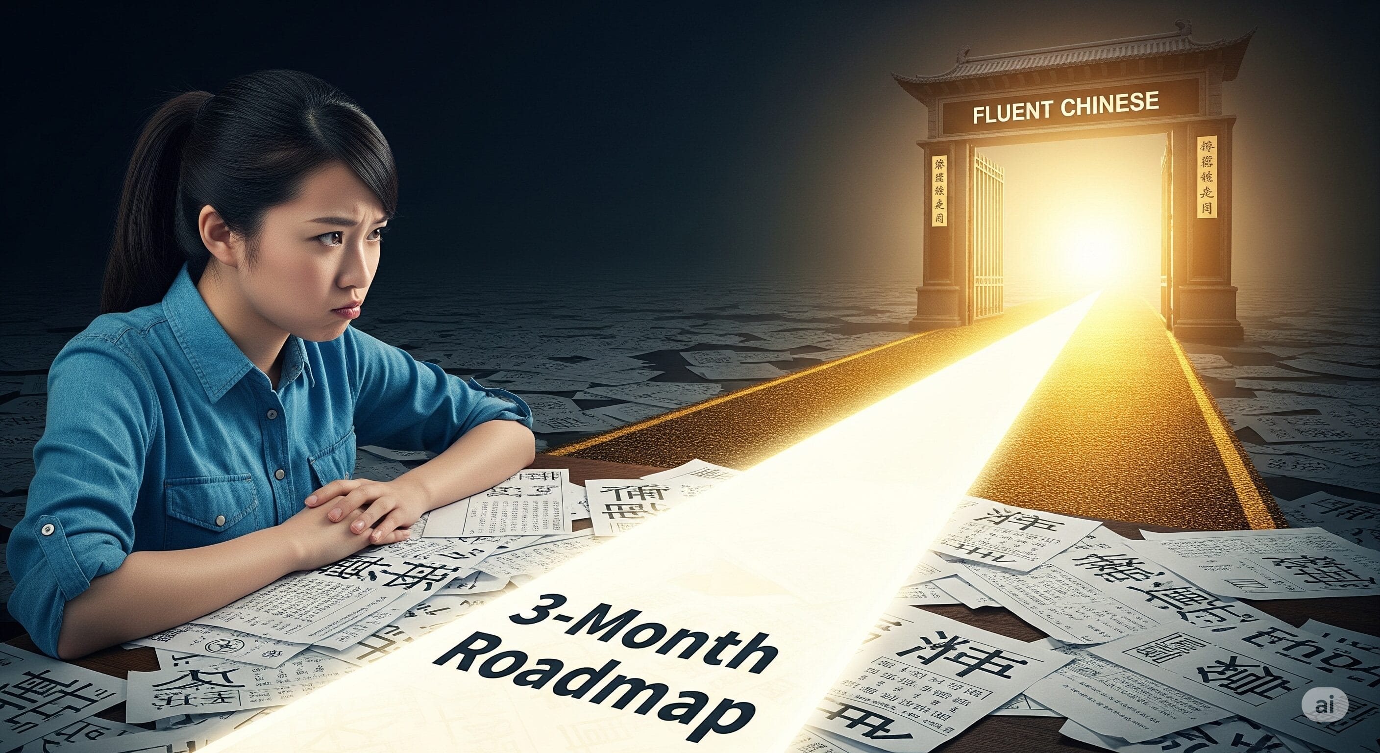 女性が書類で覆われた机で漢字を勉強しています。机の上には「3か月ロードマップ」と書かれた光る道があり、その先には「流暢な中国語」と書かれた門があります。. 女性が書類で覆われた机で漢字を勉強しています。机の上には「3か月ロードマップ」と書かれた光る道があり、その先には「流暢な中国語」と書かれた門があります。.