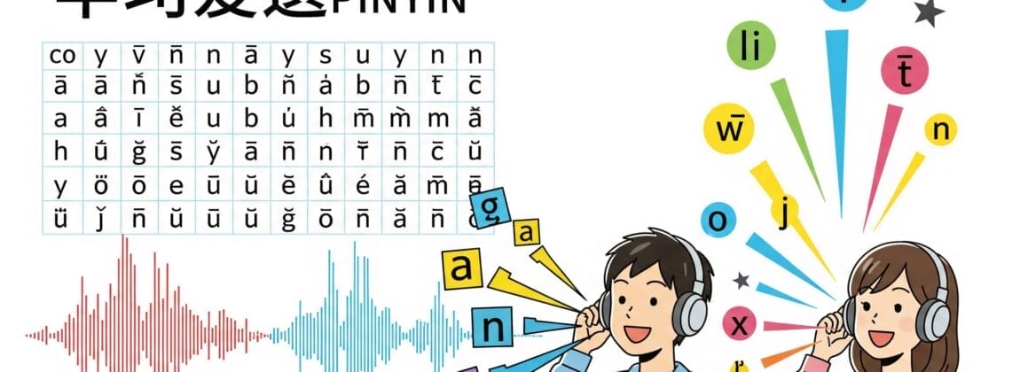 声調記号、音波、ヘッドフォンをつけて発音を練習している 2 人の人物が記された中国語ピンイン表。. 声調記号、音波、ヘッドフォンをつけて発音を練習している 2 人の人物が記された中国語ピンイン表。.