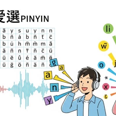 声調記号、音波、ヘッドフォンをつけて発音を練習している 2 人の人物が記された中国語ピンイン表。.