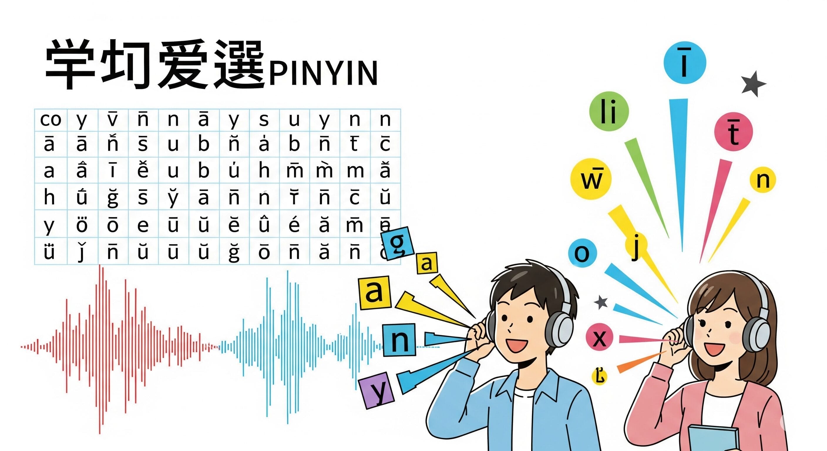 声調記号、音波、ヘッドフォンをつけて発音を練習している 2 人の人物が記された中国語ピンイン表。. 声調記号、音波、ヘッドフォンをつけて発音を練習している 2 人の人物が記された中国語ピンイン表。.