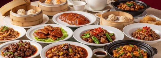 テーブルには点心、焼き鴨、麺類、豆腐、お茶などさまざまな中華料理が並べられ、「HIOCHÍ!（火醇！）」や「滋味！」と書かれた看板も掲げられています。.