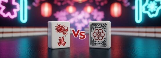 2 つの装飾的な麻雀牌が「VS」を挟んで向かい合って配置され、背景にはカラフルなネオン ライトとランタンが飾られた反射面に設置されています。.