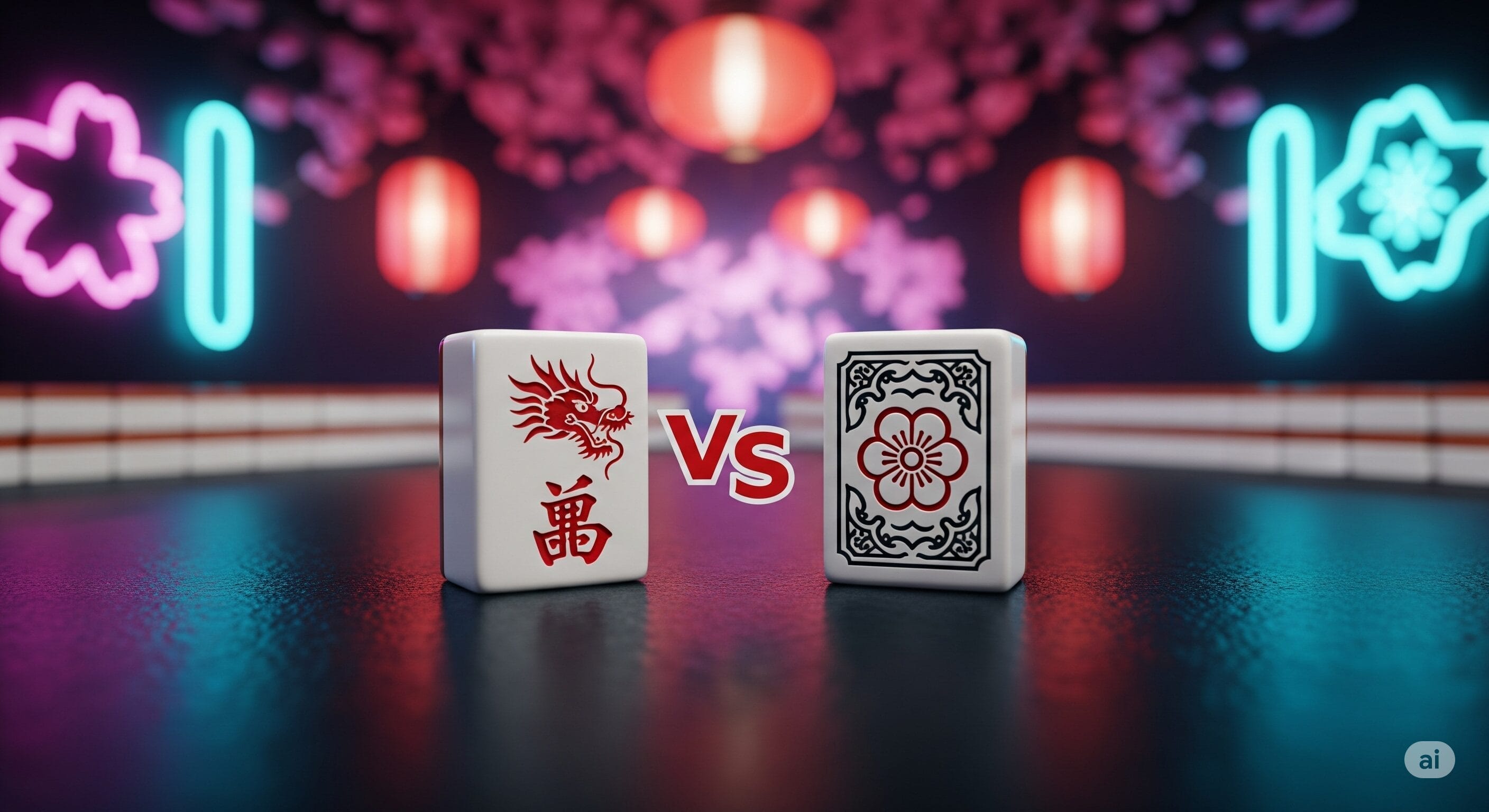 2 つの装飾的な麻雀牌が「VS」を挟んで向かい合って配置され、背景にはカラフルなネオン ライトとランタンが飾られた反射面に設置されています。.