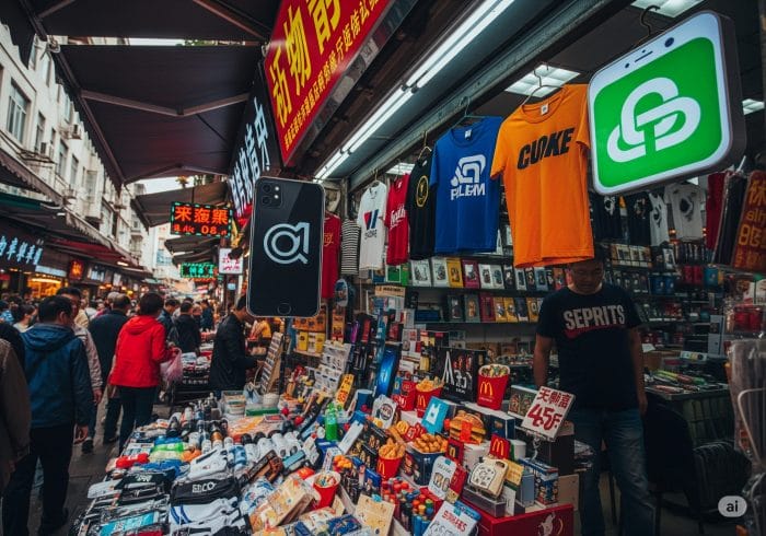 中国の市場で有名ブランドを模倣した商品が混沌と並べられている風刺的な写真。