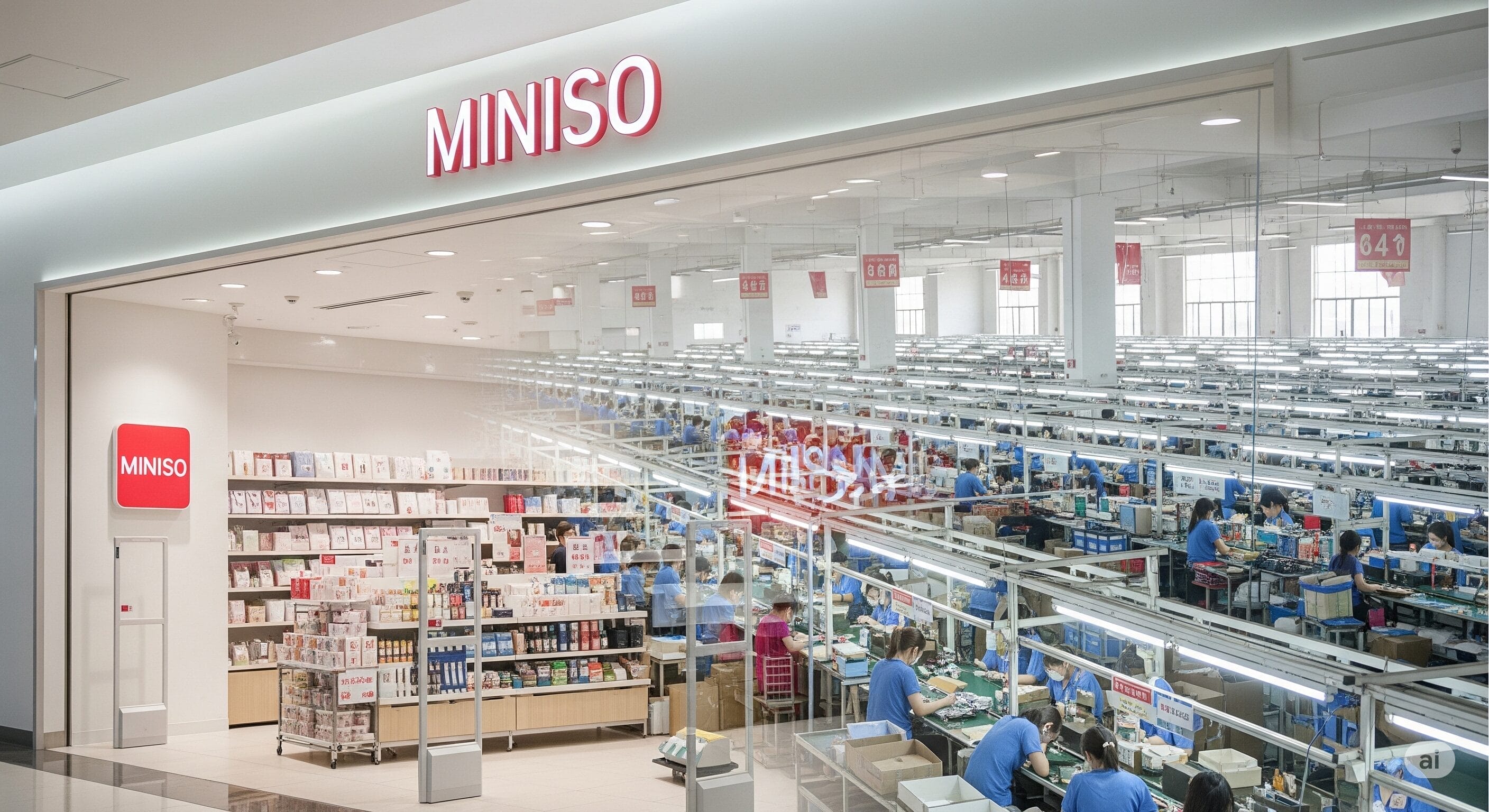 左側に商品が展示されている MINISO の店頭、右側には従業員がいる明るく照らされた大きな工場または倉庫。.