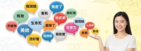 白いシャツを着た女性が、黄色と白の装飾的な背景に置かれた、さまざまなフレーズが書かれたカラフルな中国語の吹き出しに向かって、微笑みながら身振り手振りで立っている。.