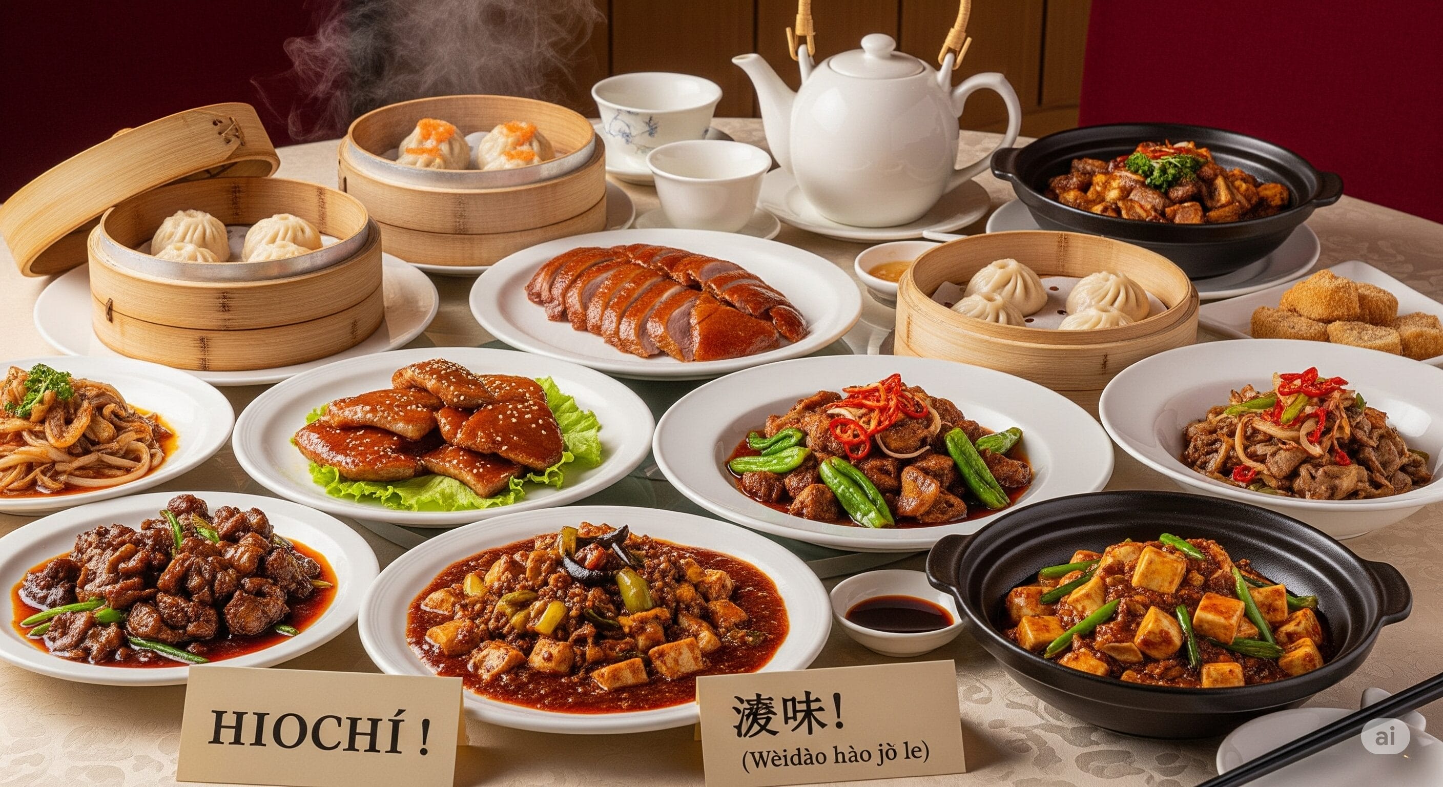テーブルには点心、焼き鴨、麺類、豆腐、お茶などさまざまな中華料理が並べられ、「HIOCHÍ!（火醇！）」や「滋味！」と書かれた看板も掲げられています。.