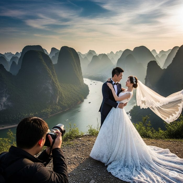 中国の景勝地で結婚写真を撮影する新郎新婦