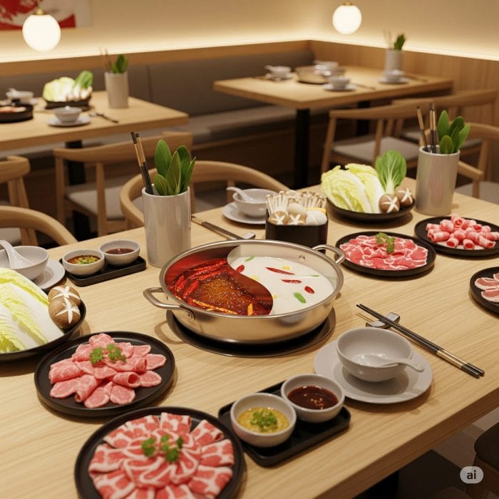 鴛鴦鍋（おしどりなべ）。半分が真っ赤な麻辣スープ、もう半分がマイルドな白湯スープで、見た目にも対照的。