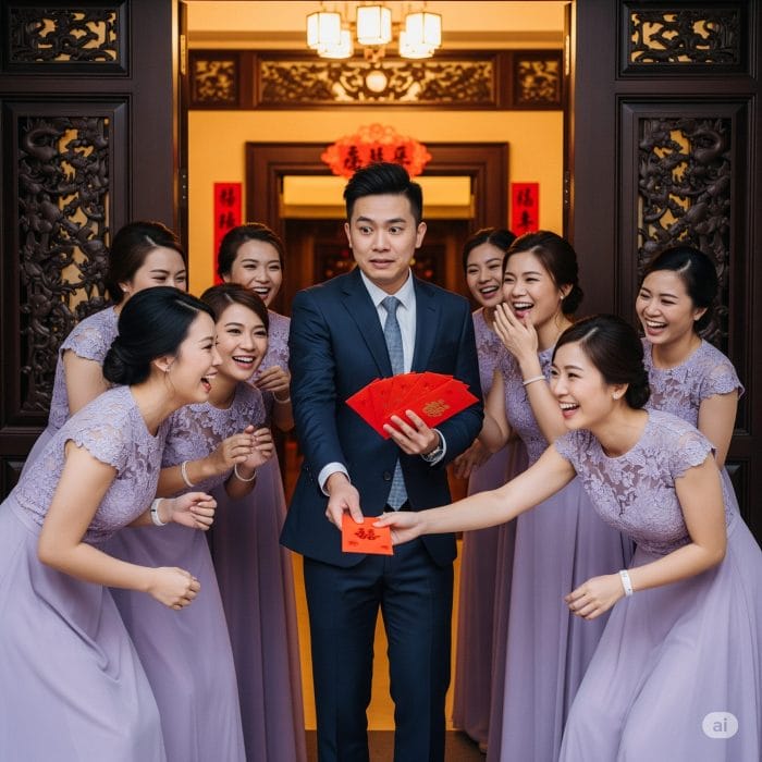 新郎がブライズメイドたちに紅包を渡している