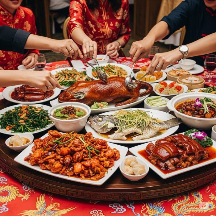 中国の結婚披露宴の円卓に並べられた豪華な料理