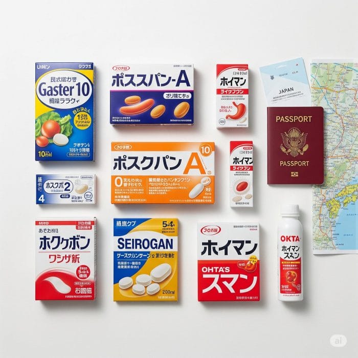 日本の代表的な市販胃腸薬。ガスター10、ブスコパン、正露丸、太田胃散のパッケージが並んでいる。