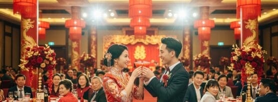 赤いランタンとフラワーアレンジメントで豪華に飾られた会場で、着席したゲストに囲まれながら、伝統的な衣装に身を包んだ新郎新婦がバンケットでグラスを合わせる。.