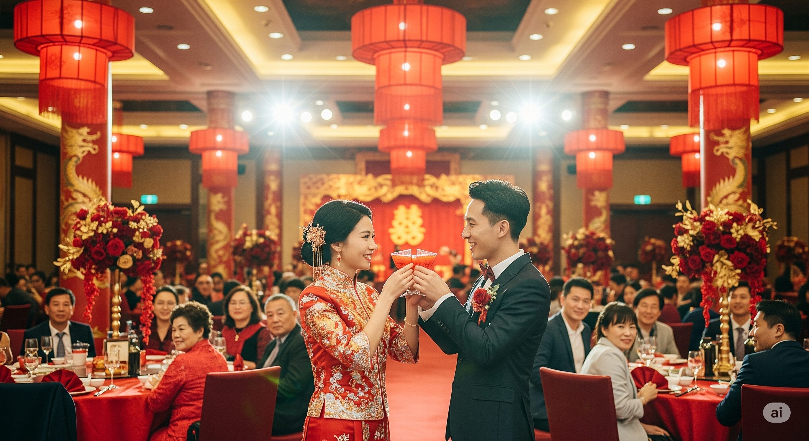 赤いランタンとフラワーアレンジメントで豪華に飾られた会場で、着席したゲストに囲まれながら、伝統的な衣装に身を包んだ新郎新婦がバンケットでグラスを合わせる。.