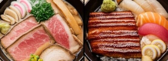 生魚、うなぎの蒲焼き、スライスした肉、卵、野菜、付け合わせをのせた様々な丼を盛り合わせた6種類の日本料理のコラージュ。.
