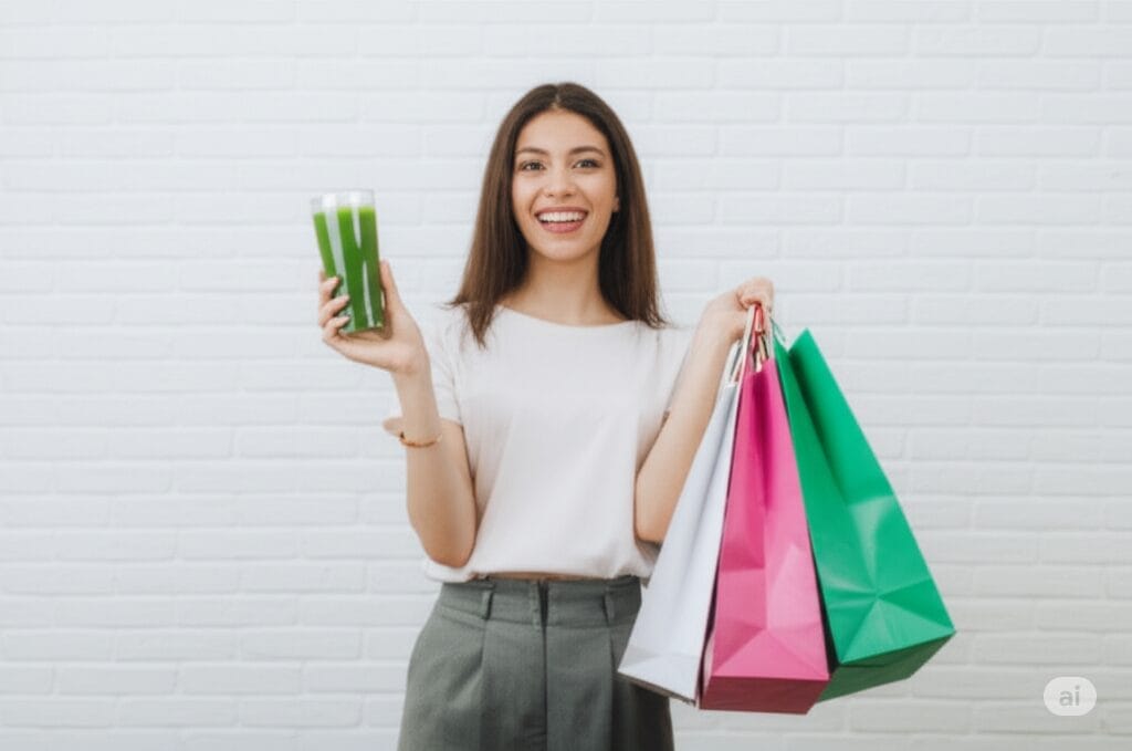 白いレンガの壁を背に立つ女性。片手にカラフルな買い物袋をいくつも持ち、もう片方の手には緑色の飲み物を持ち、カメラに向かって微笑んでいる。.