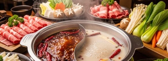 ピリ辛とマイルドなスープが入った湯気の立つ鍋の周りには、スライスされた肉、キノコ、野菜、豆腐が皿に盛られ、調理の準備が整っている。.