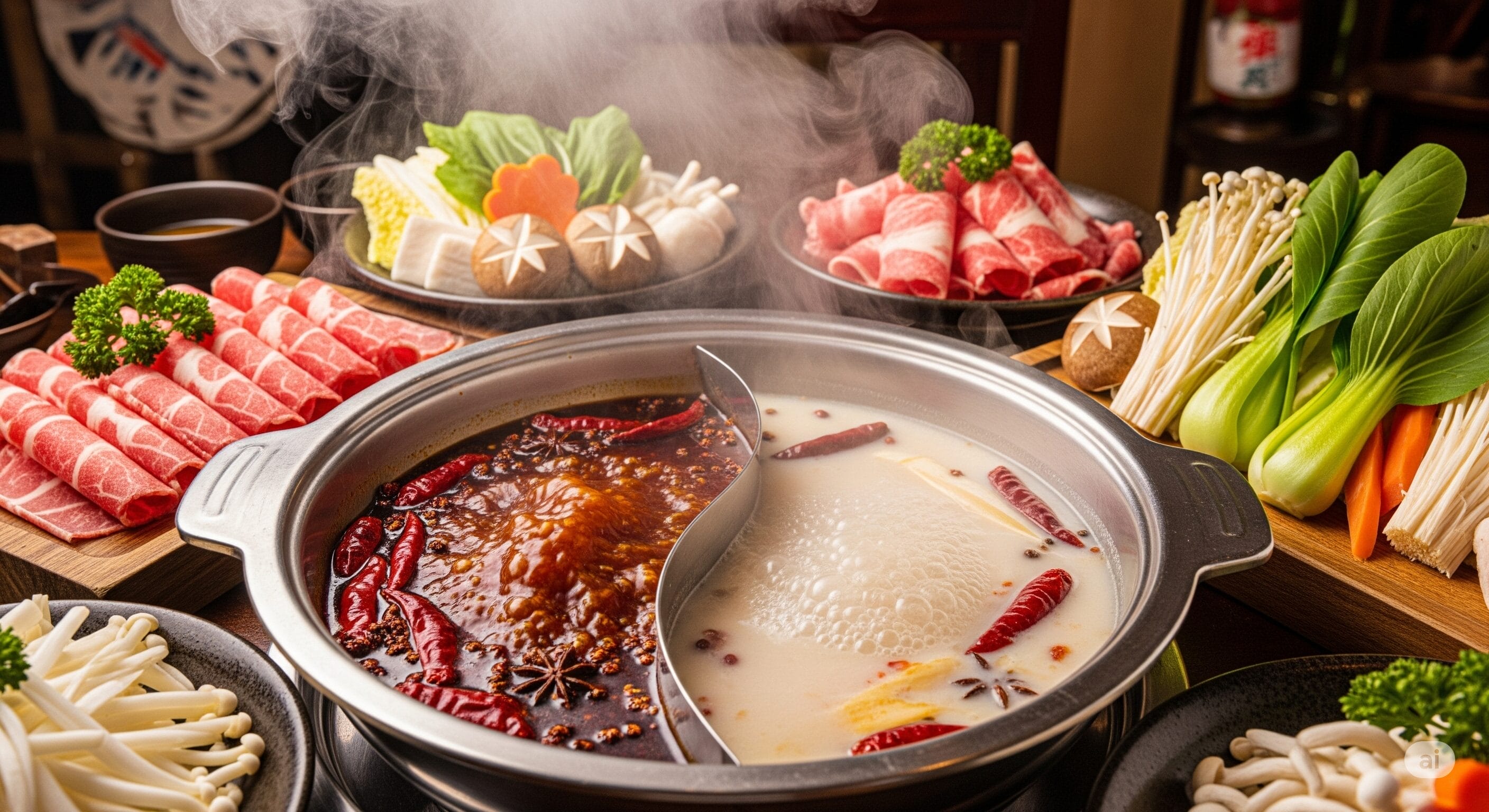 ピリ辛とマイルドなスープが入った湯気の立つ鍋の周りには、スライスされた肉、キノコ、野菜、豆腐が皿に盛られ、調理の準備が整っている。.