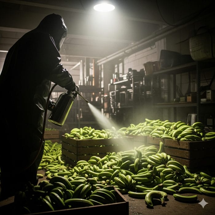未熟な緑のバナナに化学物質を噴霧している怪しげなシーン