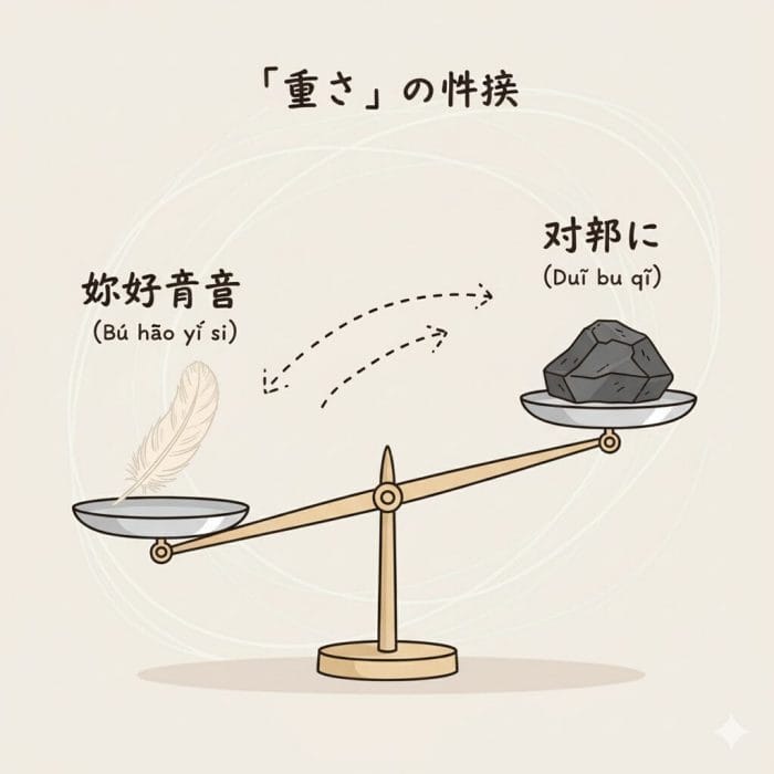 「不好意思」と「对不起」の重みの違いを示す天秤のイラスト