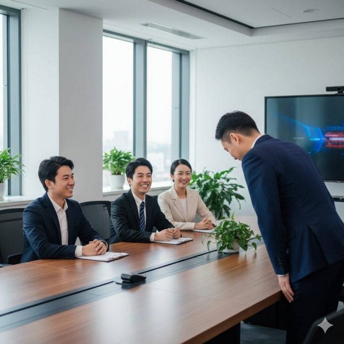 ビジネスシーンで自己紹介をする日本人