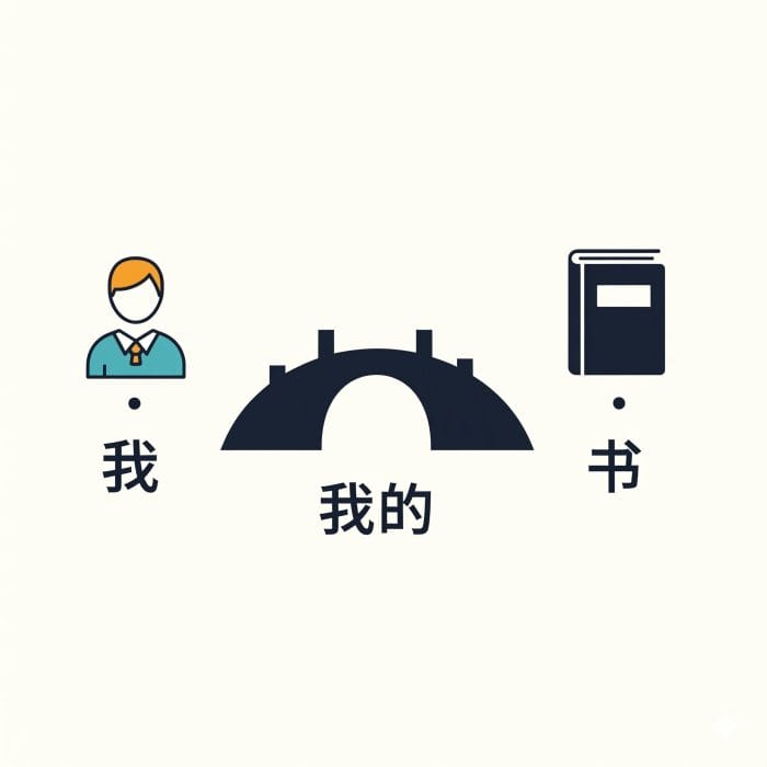 「的」が所有関係（私の本）を示す橋のイラスト