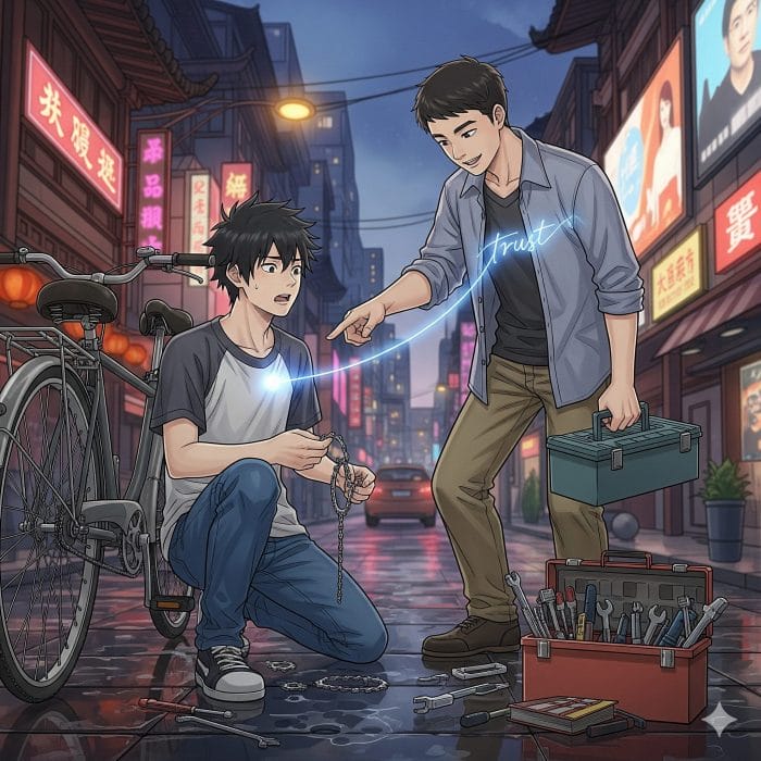 困っている日本人を中国人の友人が助けるイラスト