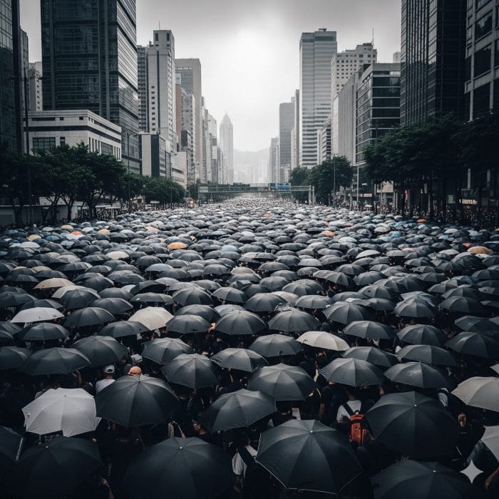 2019年の香港の民主化デモで通りを埋め尽くす群衆と傘