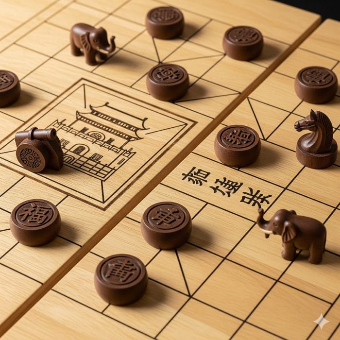 中国象棋の盤面のクローズアップ。「楚河漢界」と「九宮」がはっきりとわかる。