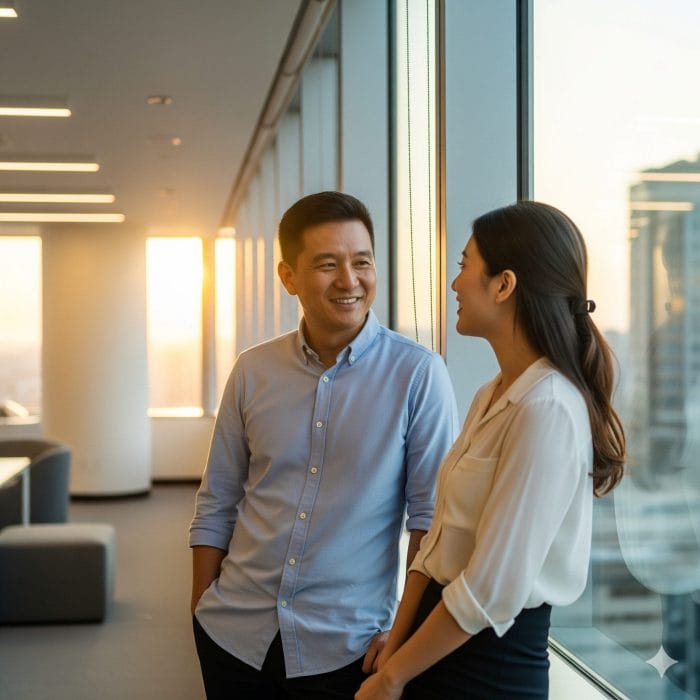 オフィスで親しげに話すアジア人の上司と部下