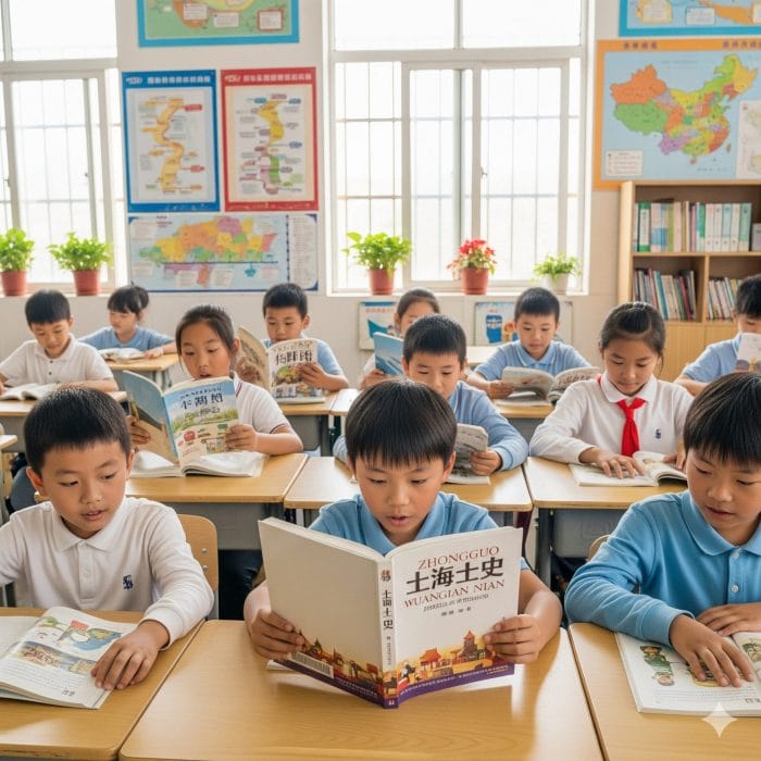 中国の教室で『上下五千年』という歴史の本を熱心に読む子供たち