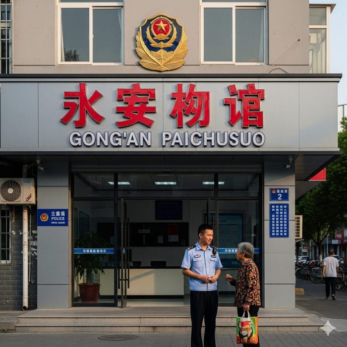 中国の街角にある「公安派出所」の外観