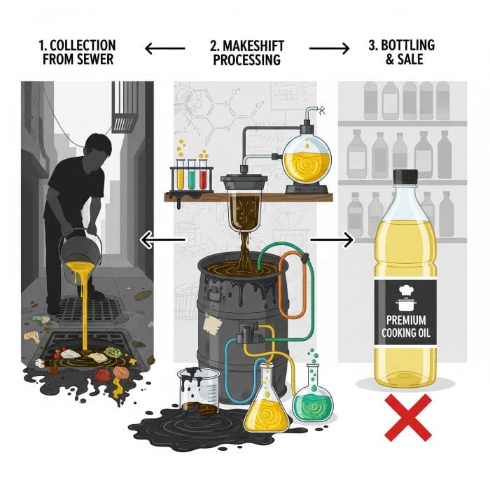 下水油(地溝油)の製造プロセスを示すイラスト