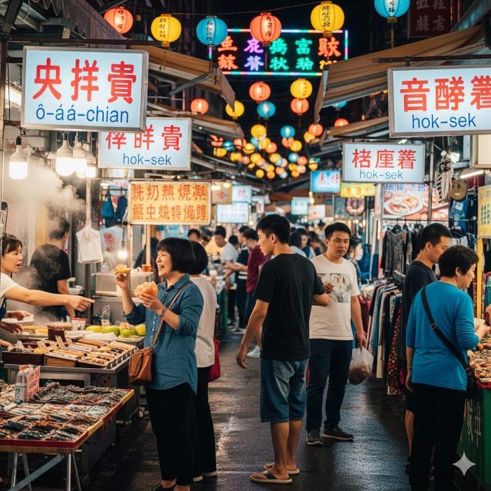 台湾南部の夜市で台湾語が飛び交う活気ある風景
