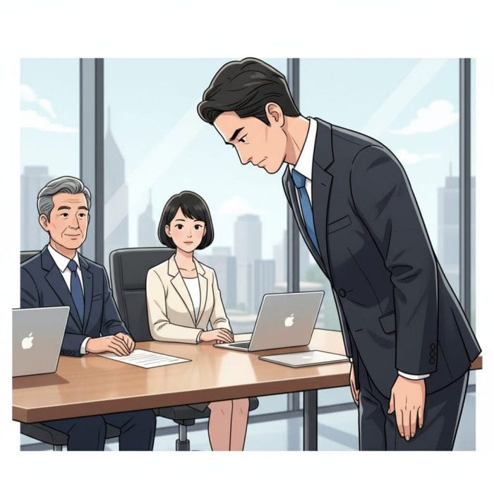 ビジネススーツの人物が会議室で謝罪しているイラスト