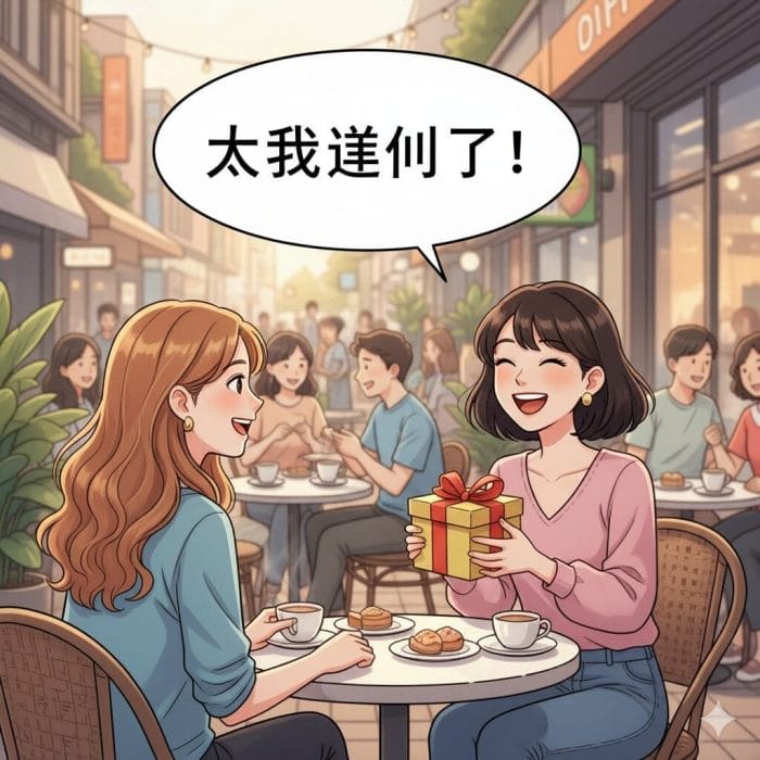 カフェで友人からプレゼントをもらって喜んでいる女性のイラスト