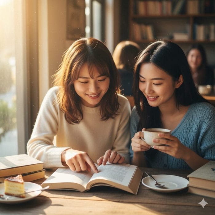 カフェで友人にお願い事をする女性