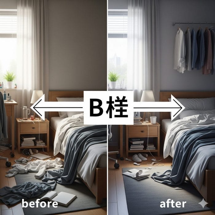 部屋を片付けるビフォーアフターのイラストで「処理」を表現