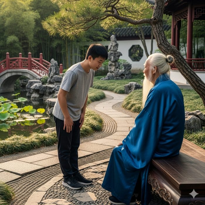 中国の庭園で年長者に敬意を払って話す若者