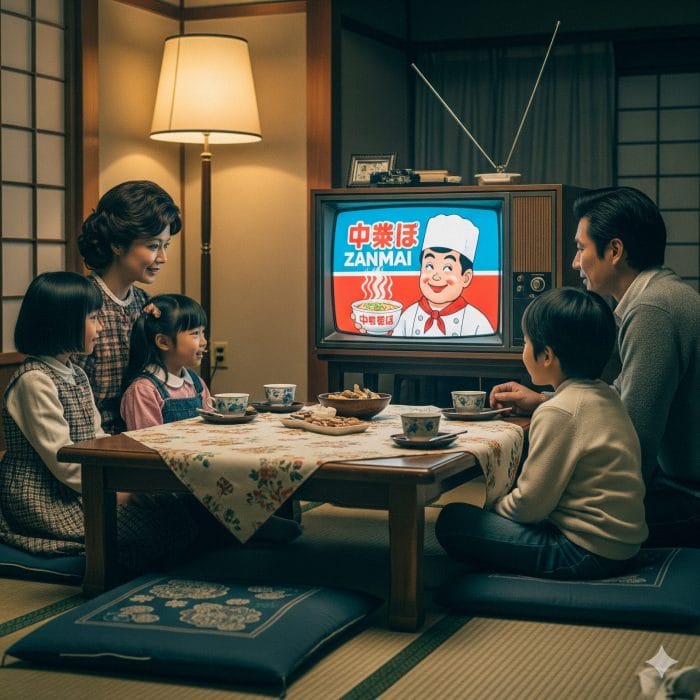 1980年代のレトロな日本のリビングで家族がテレビCMを見ている風景