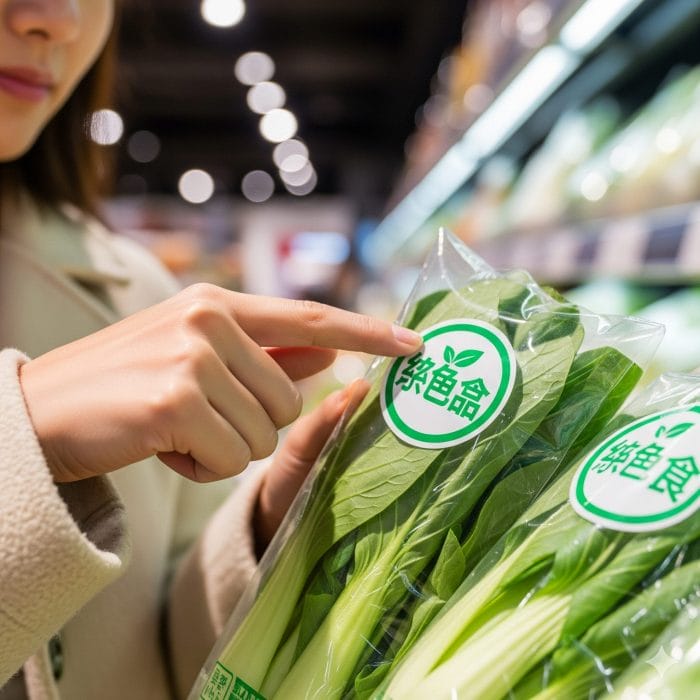 スーパーで野菜のパッケージにある緑色食品マークを確認する買い物客