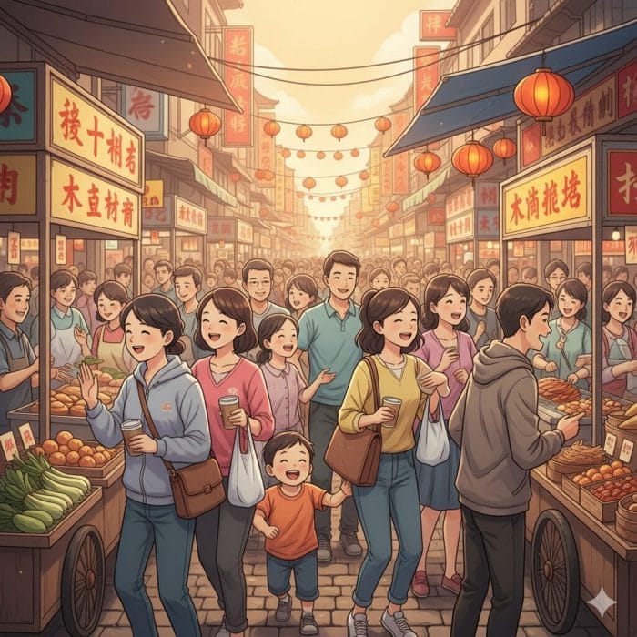 活気ある中国のストリートマーケットのイラスト