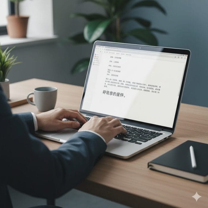 ノートパソコンで中国語のメールを作成する手元