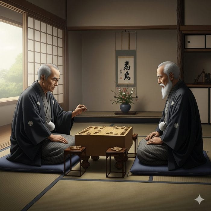 日本の静かな和室で、二人の棋士が日本将棋の対局に深く集中している。