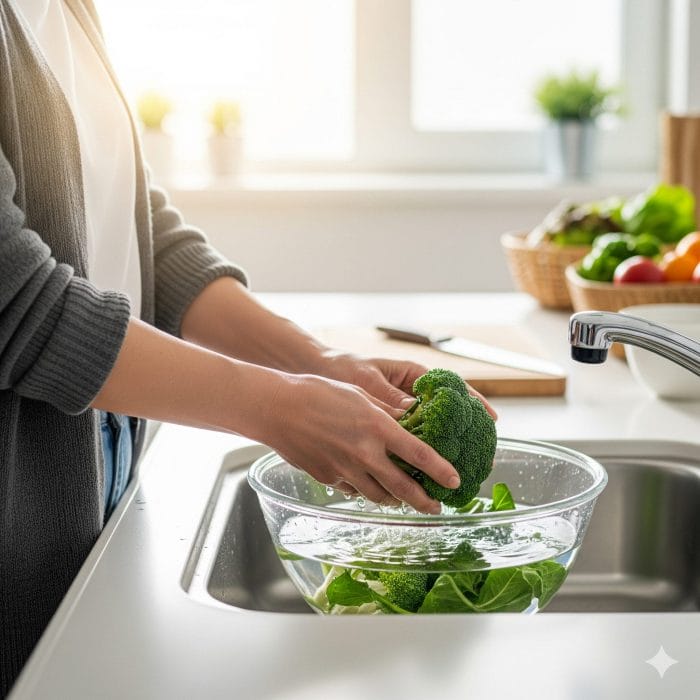 日本のキッチンで野菜を丁寧に流水で洗っているシーン