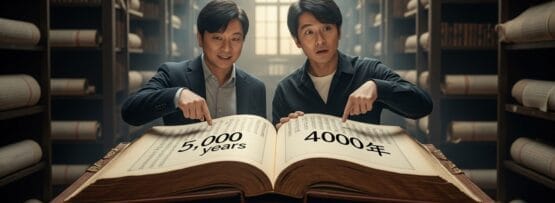 図書館にいる2人の男が、片方は英語で「5000年」、もう片方は中国語で「4000年」と書かれた大きな本を指差している。.