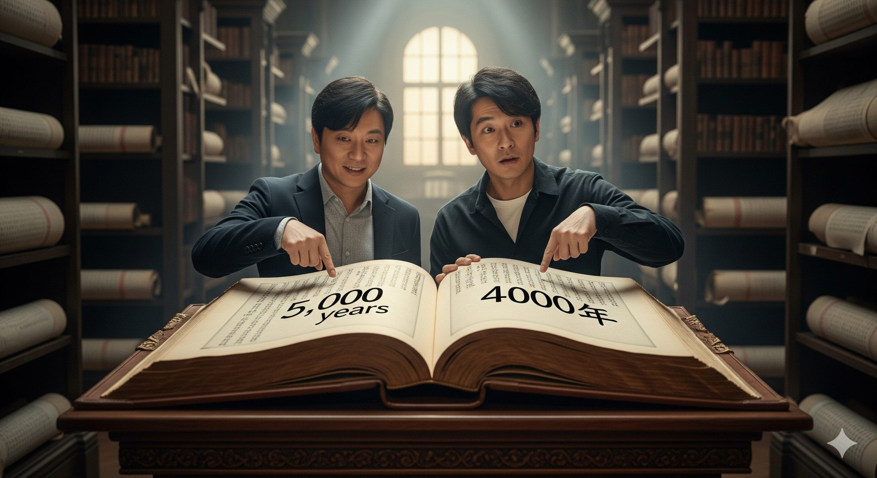 図書館にいる2人の男が、片方は英語で「5000年」、もう片方は中国語で「4000年」と書かれた大きな本を指差している。.